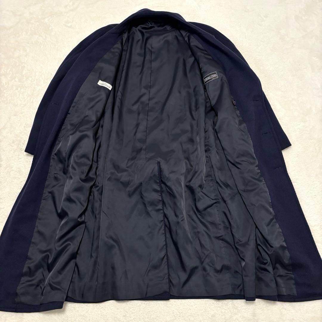 リングヂャケット ヘリンボーン ロング丈 ダブルチェスターコート L ネイビー