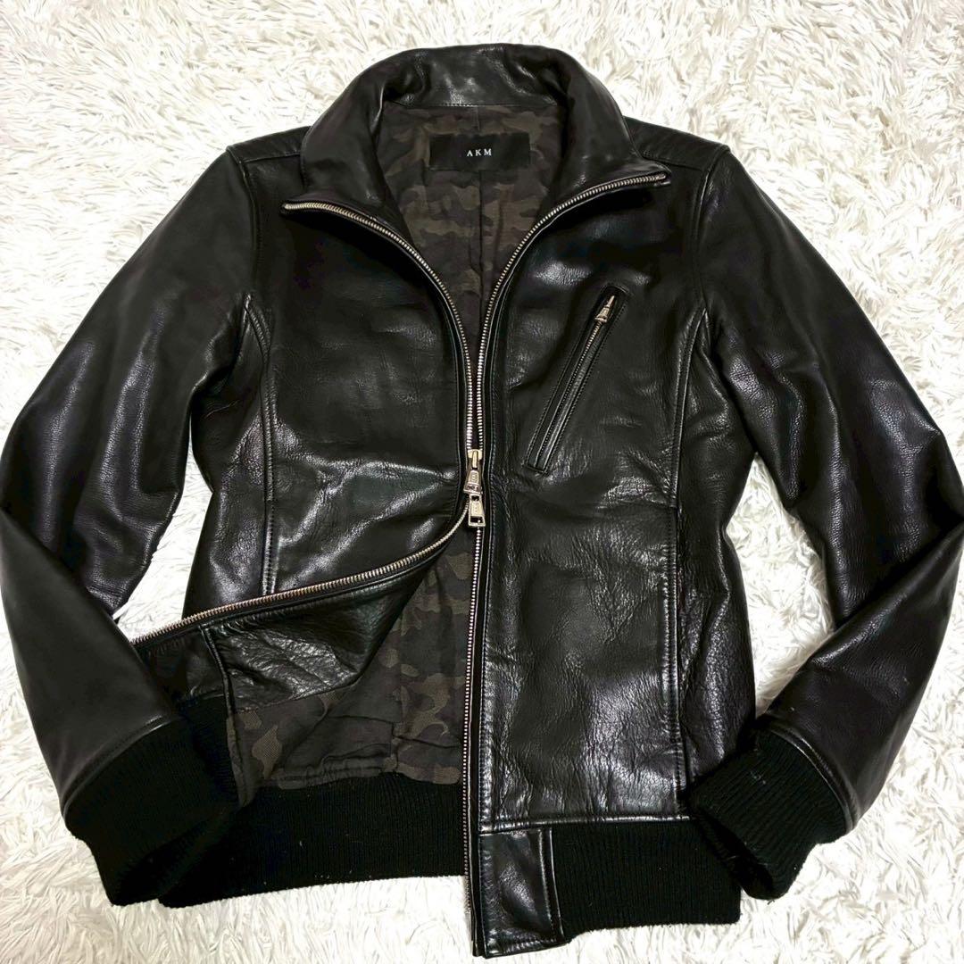 美品⭐️AKM レザージャケット カウレザー カシミヤ　ダブルジップ 迷彩　黒 M
