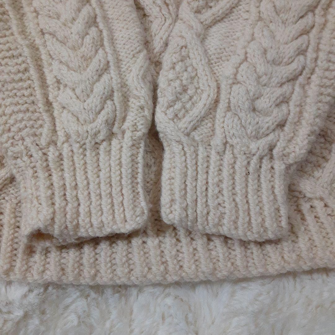 手編み　ハンドメイド　ケーブル編みニット　セーター　クルーネック　ウール　生成り