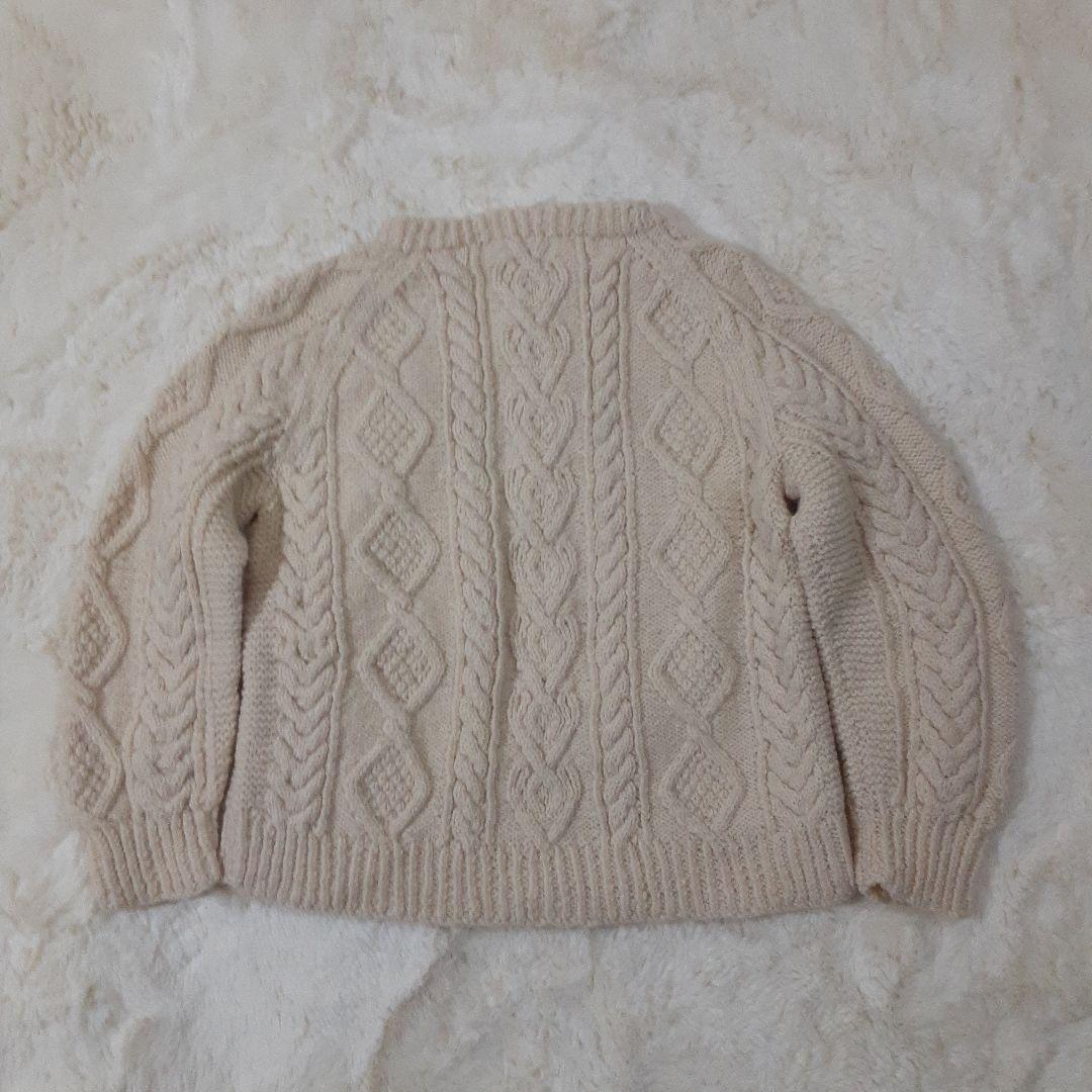 手編み　ハンドメイド　ケーブル編みニット　セーター　クルーネック　ウール　生成り