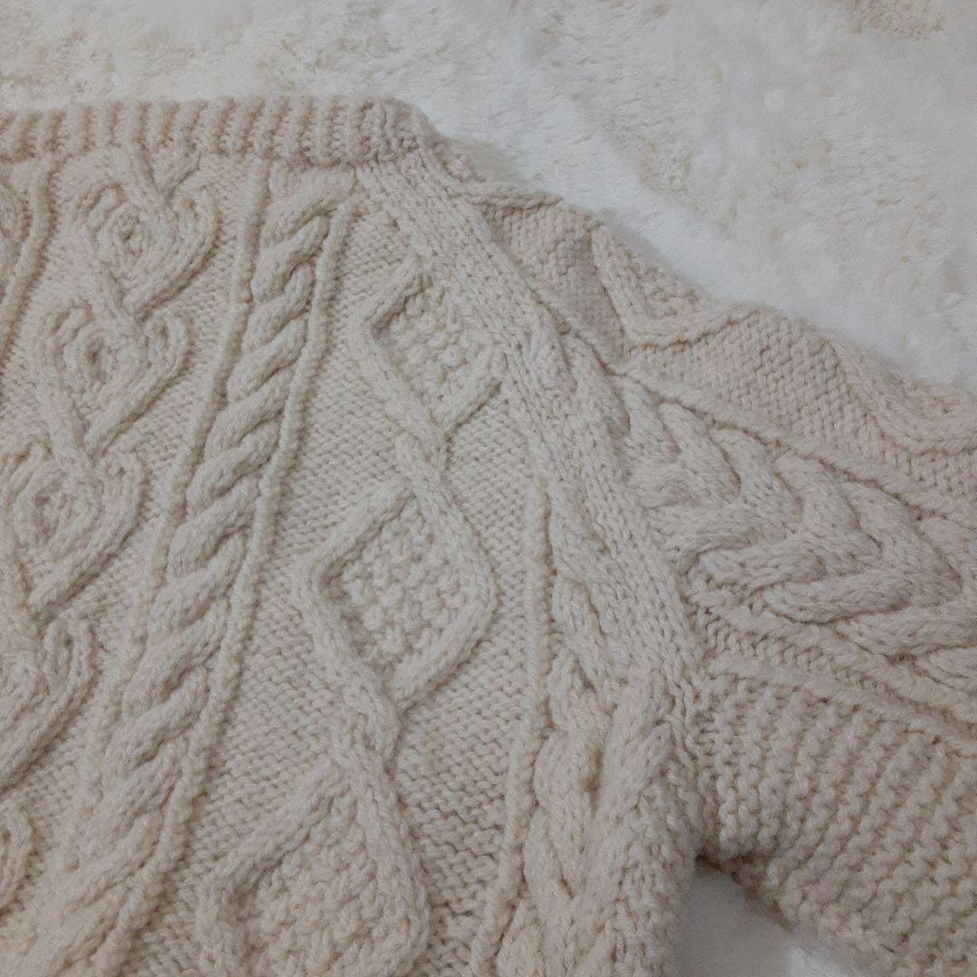 手編み　ハンドメイド　ケーブル編みニット　セーター　クルーネック　ウール　生成り