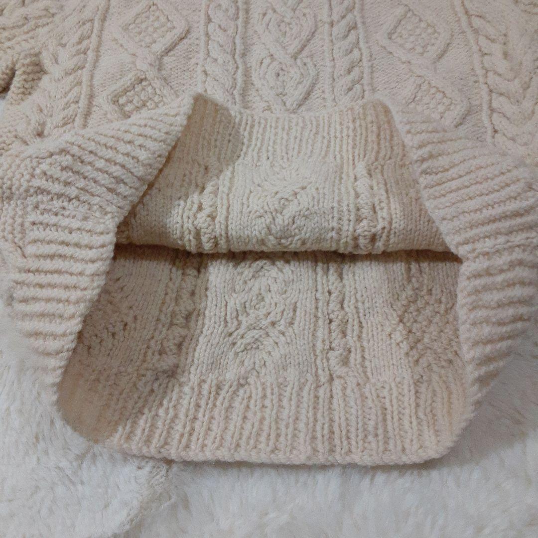 手編み　ハンドメイド　ケーブル編みニット　セーター　クルーネック　ウール　生成り