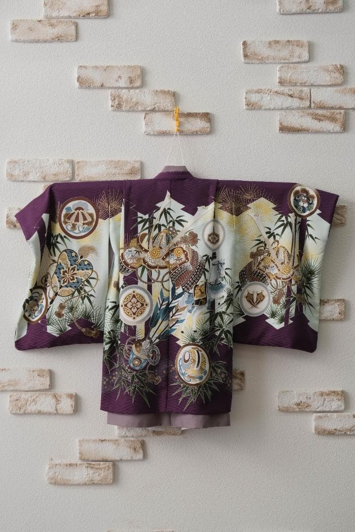 ☆スキップ☆5歳着物　七五三　紫色と水色の竹模様着物