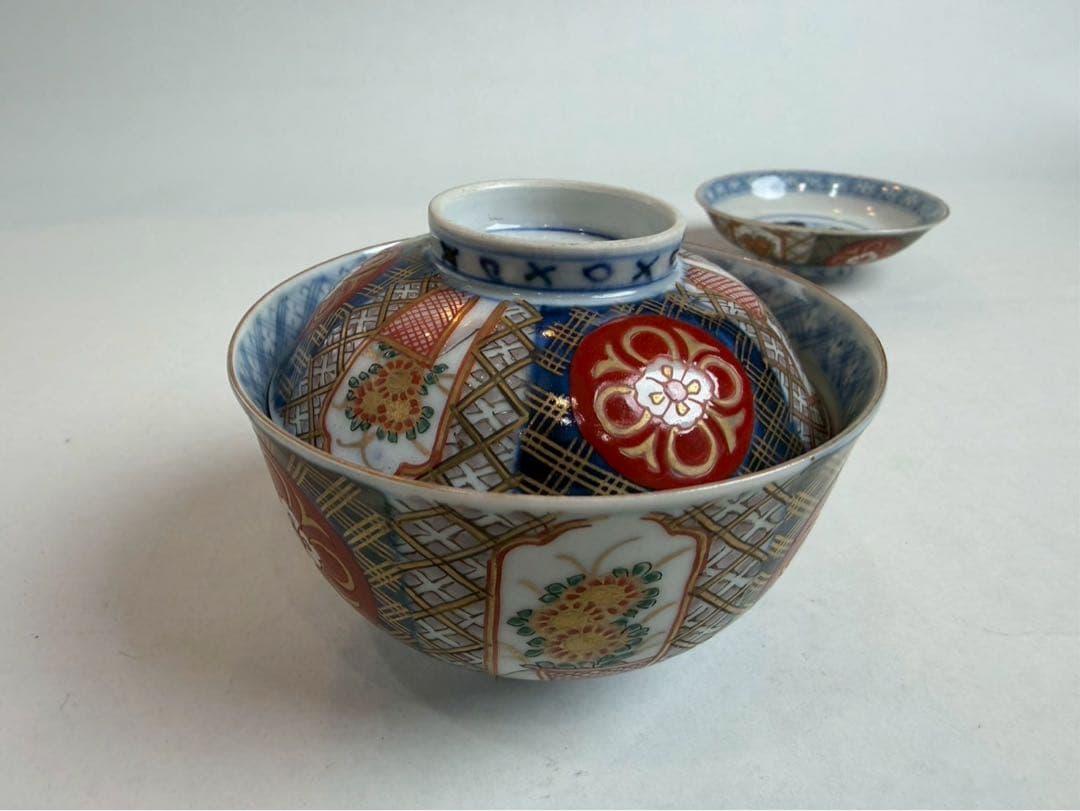 有田焼き　古伊万里　赤茶碗　蓋付き　色絵　5つ　NO.03