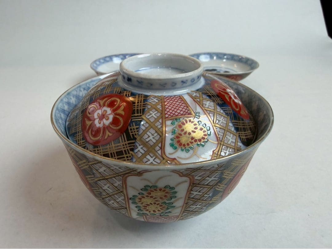 有田焼き　古伊万里　赤茶碗　蓋付き　色絵　5つ　NO.03