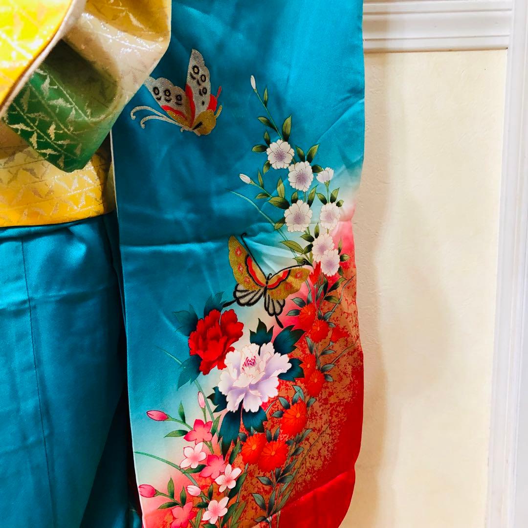 七五三7歳‼️豪華正絹Blue暈し‼️蝶々薔薇金彩金箔‼️完全フルセット✨プリンセス❤️