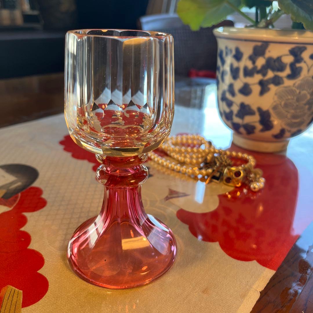 A1050 アンティーク　和ガラス　クリスタル　ワイングラス　ピンク