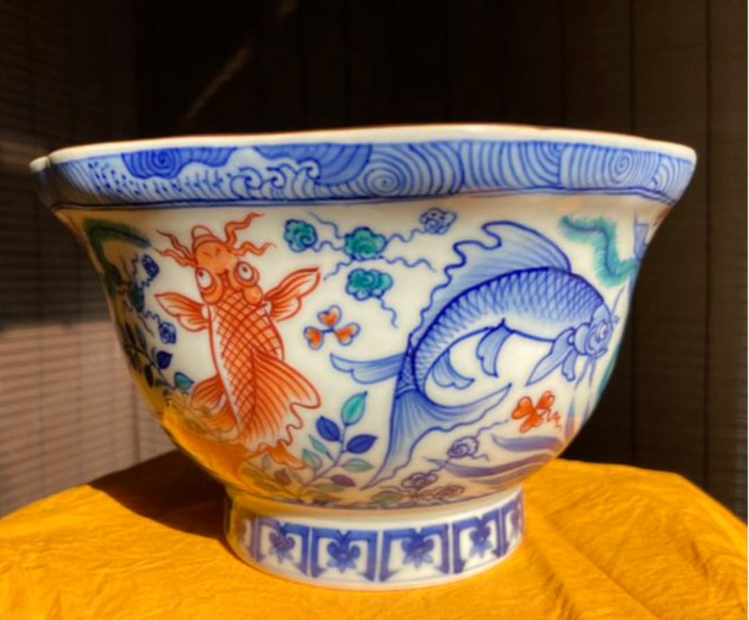 辻常陸　十四代　染錦 魚藻水禽文 菓子鉢 一点