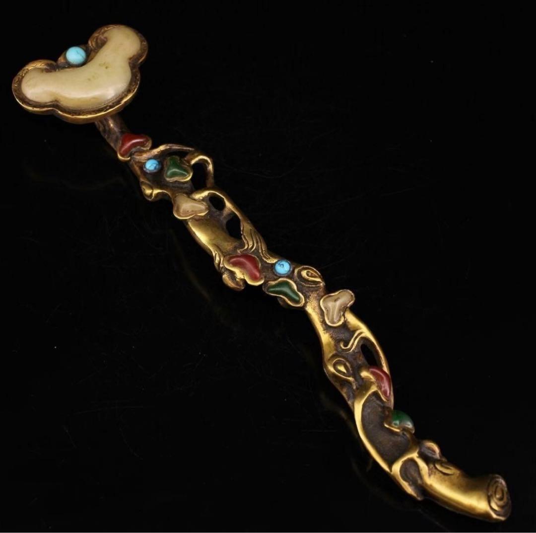 中国古玩 清代銅嵌宝石霊芝如意 縦27㎝横6㎝