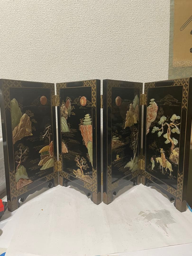 美品屏風　玉石細工　屏風 4パネル 玉石象嵌
