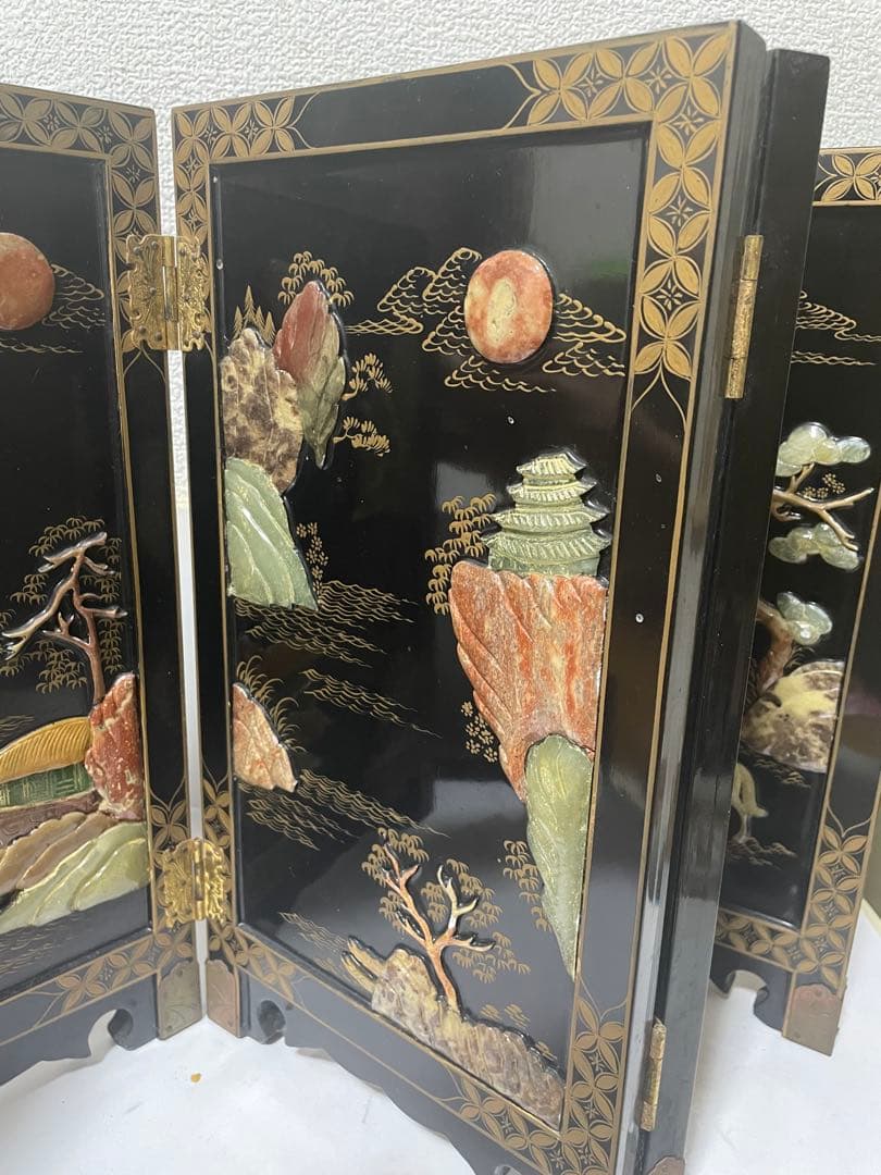 美品屏風　玉石細工　屏風 4パネル 玉石象嵌