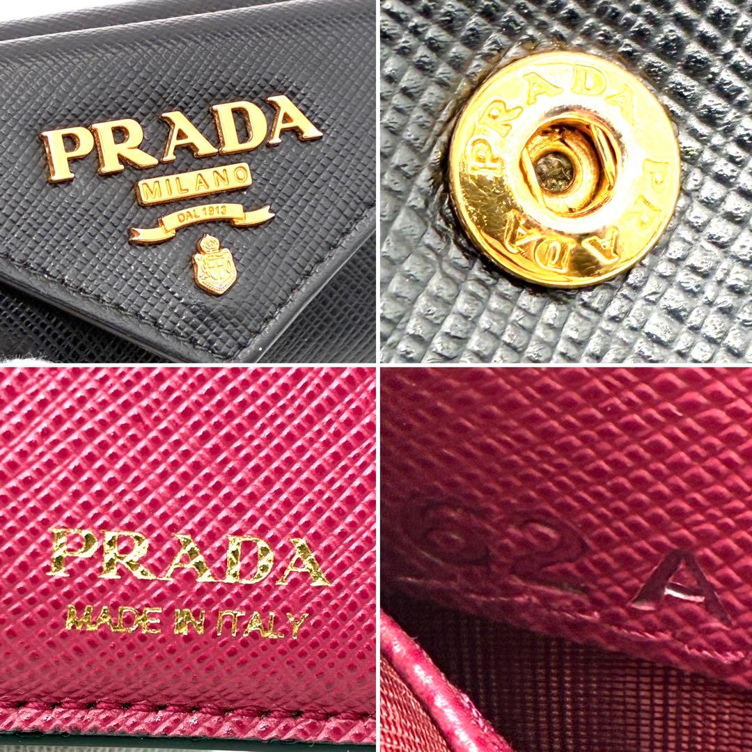 極美品 プラダ 三つ折り財布 ロゴ サフィアーノレザー シリアルあり ブラック