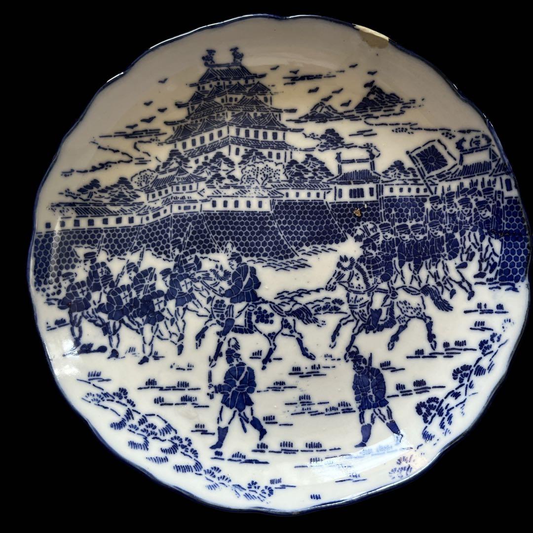 伊万里 中皿 アンティーク 明治前期 熊本城入場図 染付け 皿 骨董品
