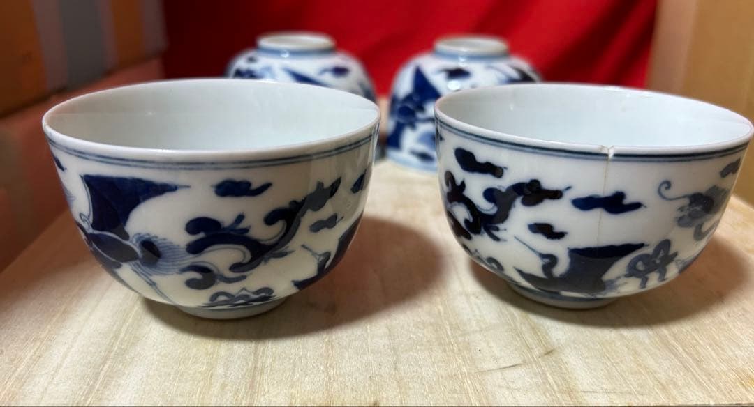 時代物 染付　雲龍図　煎茶碗4客　幅8.1㎝。y626