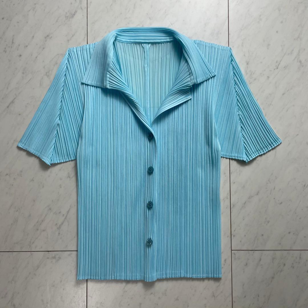 プリーツプリーズ イッセイミヤケ オープンカラーシャツ 半袖 スカイブルー 3