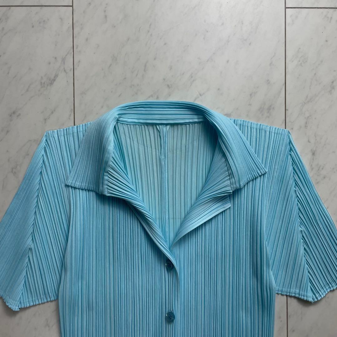 プリーツプリーズ イッセイミヤケ オープンカラーシャツ 半袖 スカイブルー 3