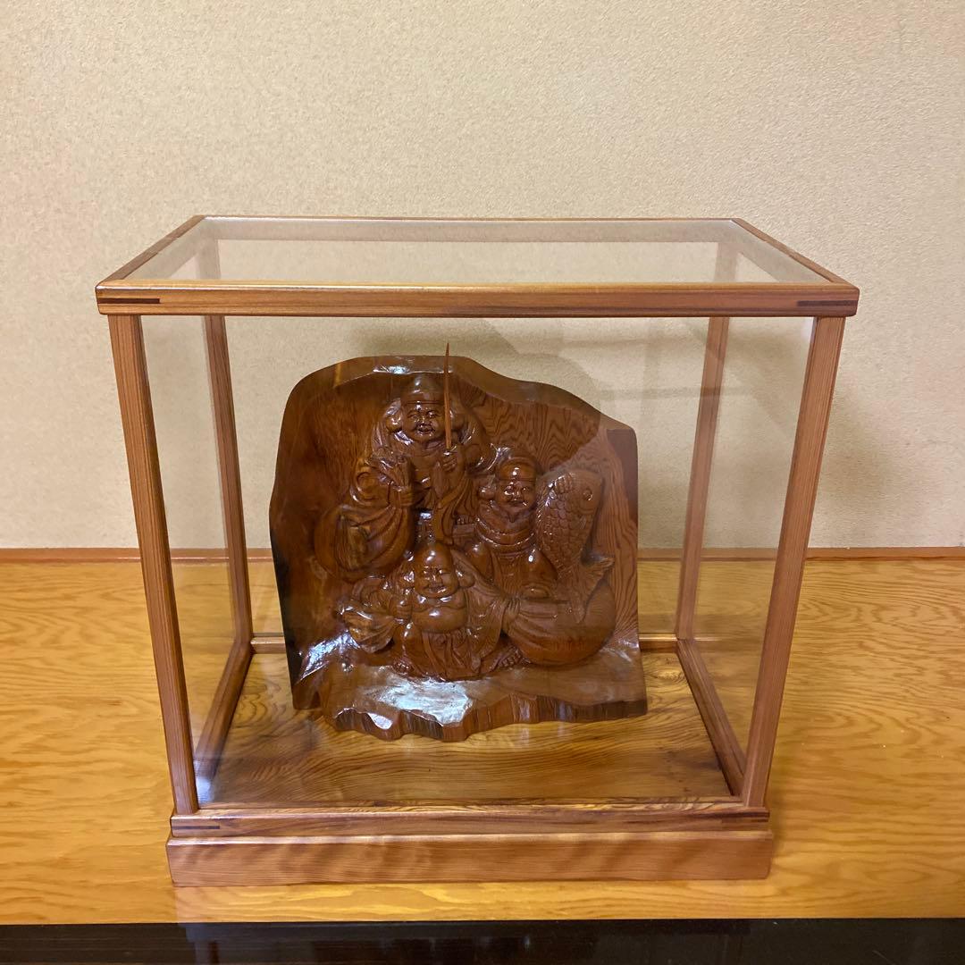 木製 福神 彫刻 ガラスケース付き