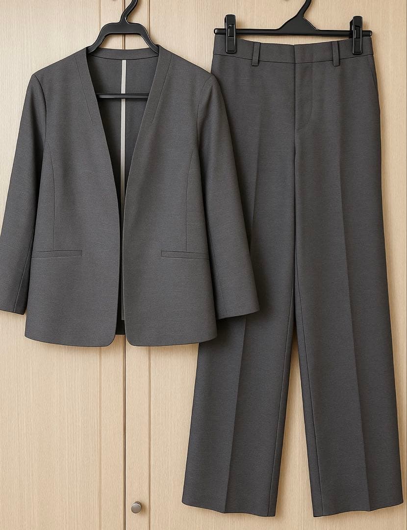 アオキ⭐️麻調 ノーカラー 七分袖 セットアップ パンツ スーツLES MUSE