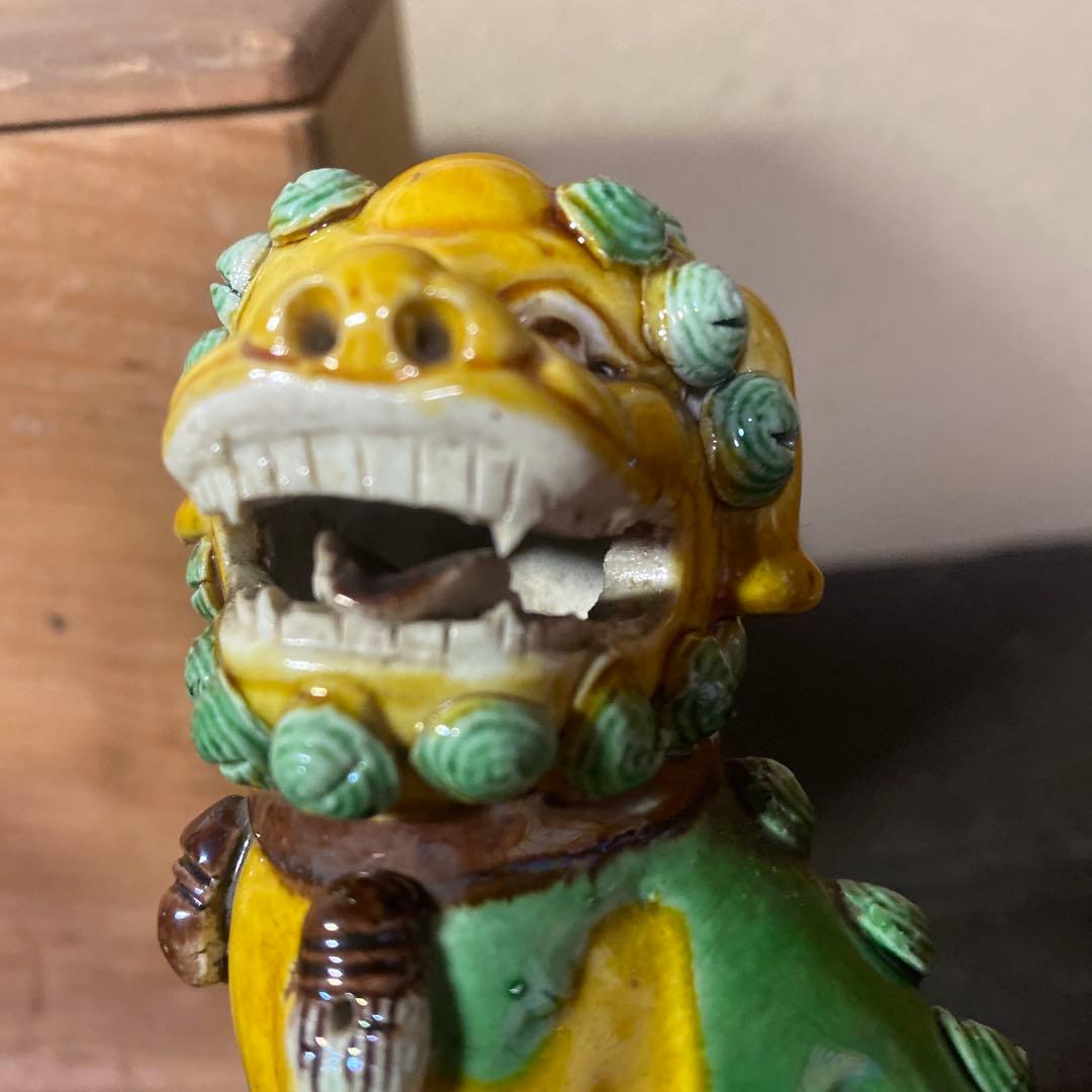 中国古玩　唐獅子一対【桐箱付】