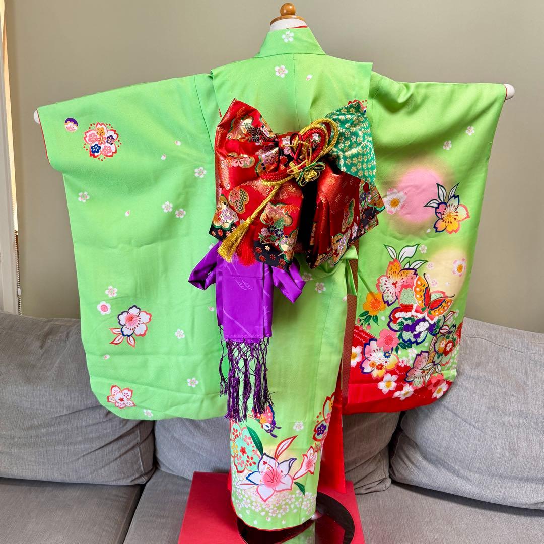 7歳七五三セット　着物草履バッグ付き　黄緑系①