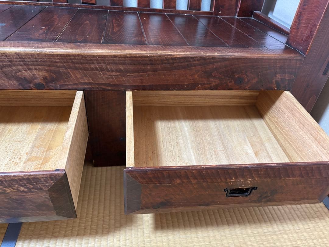 矢澤金太郎　無垢材の格子の長椅子　アンティーク