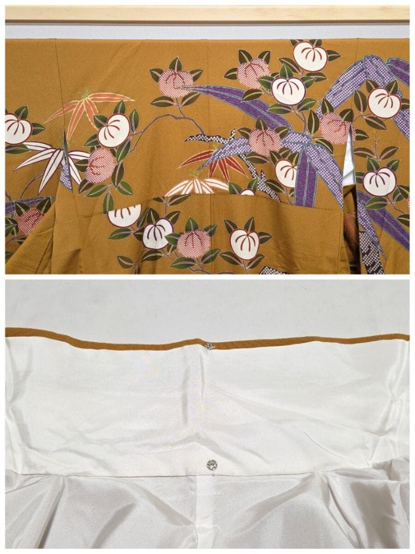 F5 橘の花模様 金駒刺繍 金彩 縮緬 山吹色 袷 正絹 成人式 振袖襦袢セット