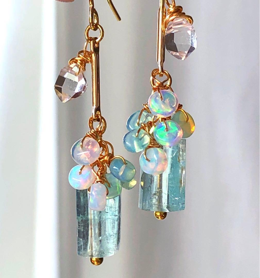 天然石☆極上大粒ミントエメラルド×極上ダイヤモンドクォーツのピアス14kgf