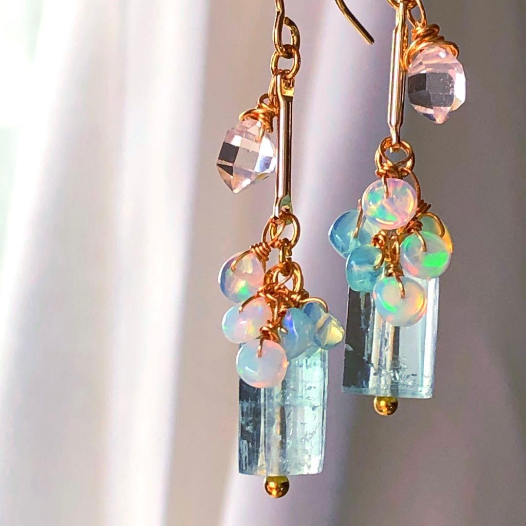 天然石☆極上大粒ミントエメラルド×極上ダイヤモンドクォーツのピアス14kgf