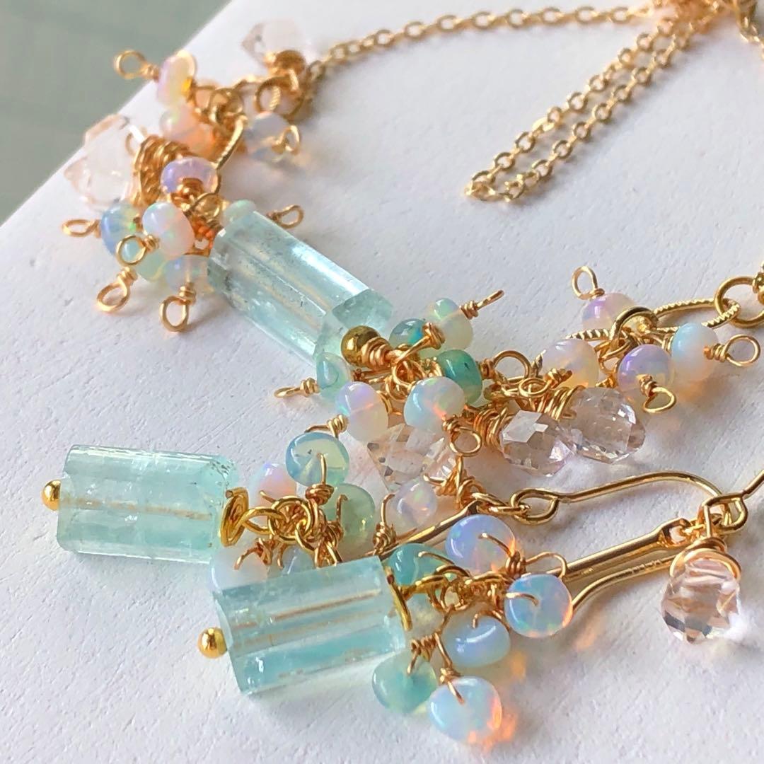 天然石☆極上大粒ミントエメラルド×極上ダイヤモンドクォーツのピアス14kgf