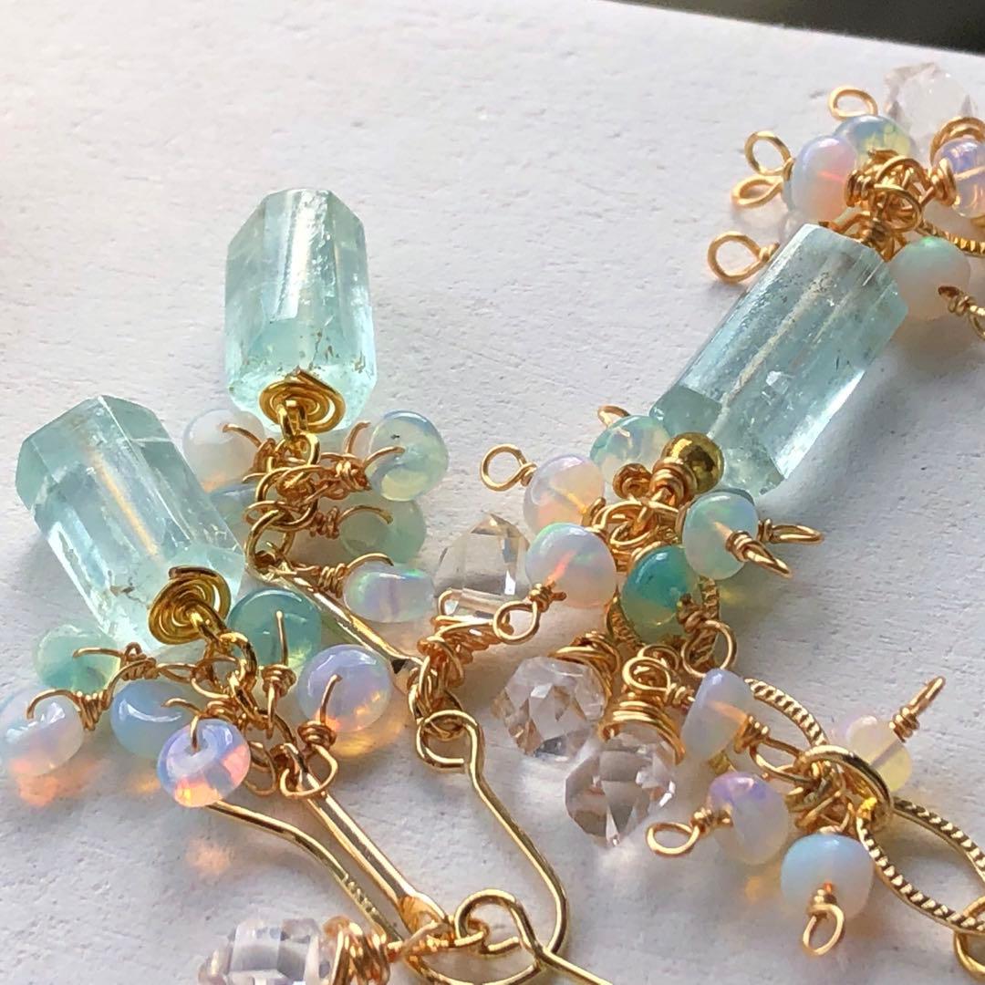 天然石☆極上大粒ミントエメラルド×極上ダイヤモンドクォーツのピアス14kgf