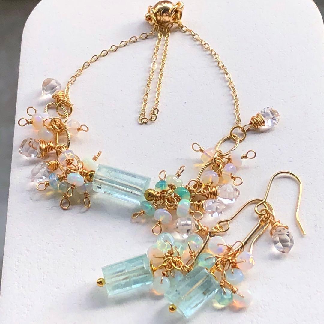 天然石☆極上大粒ミントエメラルド×極上ダイヤモンドクォーツのピアス14kgf