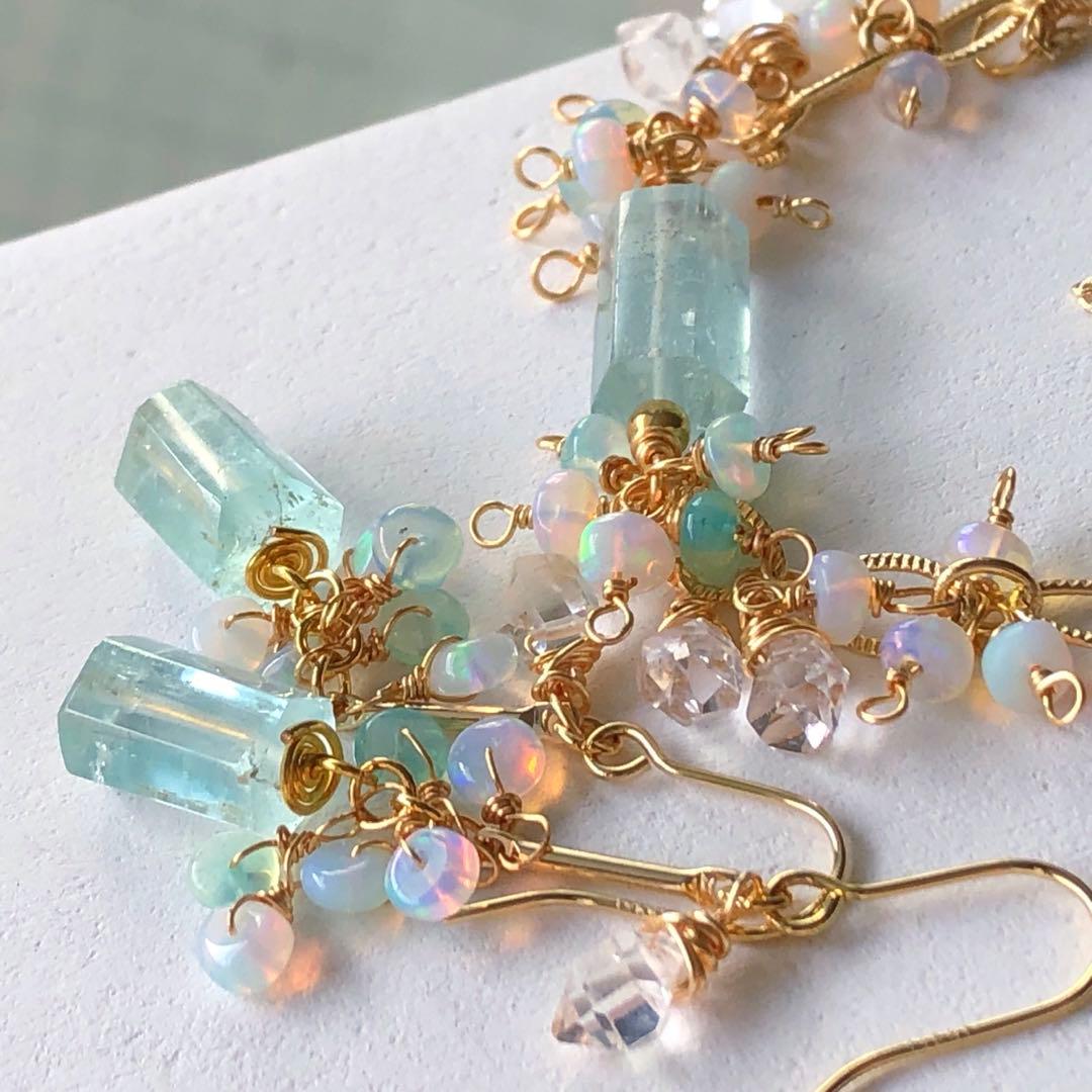 天然石☆極上大粒ミントエメラルド×極上ダイヤモンドクォーツのピアス14kgf