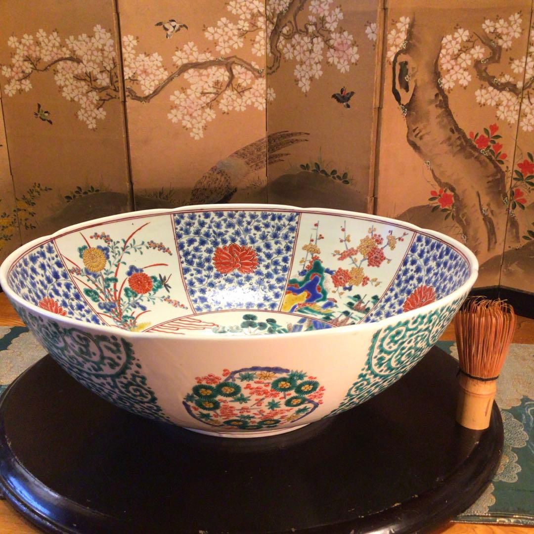 【特別出品】極上　古伊万里 柿右衛門様式 猫に花唐草紋様　色絵大鉢 幅40cm
