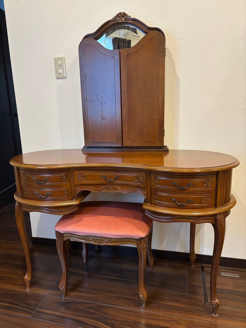 イタリア製木製三面鏡ドレッサーとスツールセット