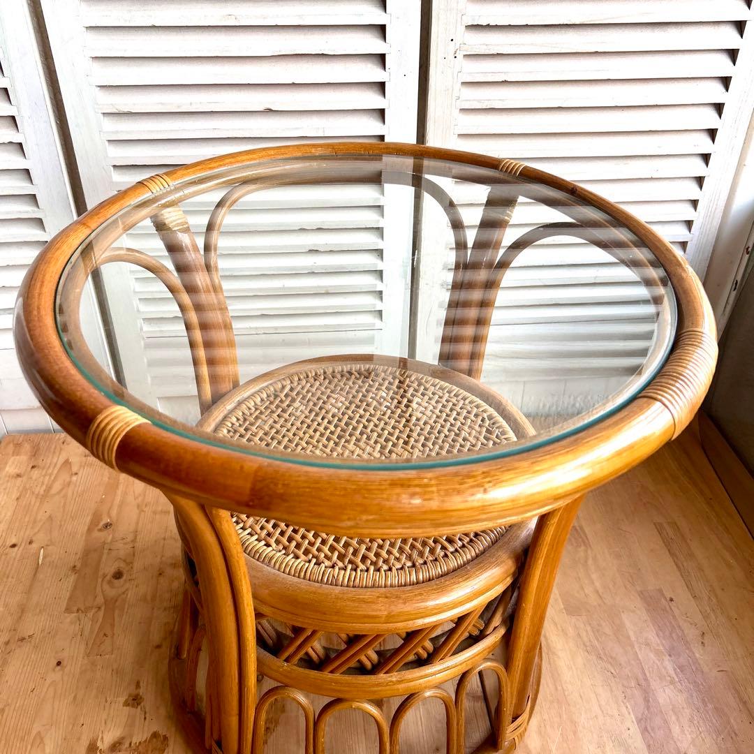 ラタン　ガラス　テーブル　サイドテーブル　コーヒーテーブル　籐　アジア