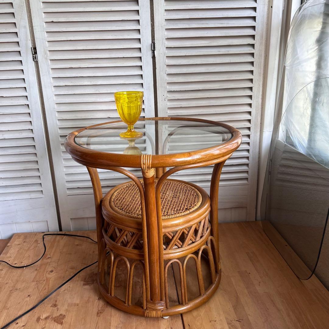ラタン　ガラス　テーブル　サイドテーブル　コーヒーテーブル　籐　アジア