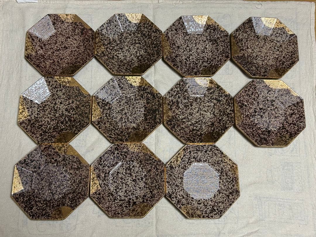 有田焼 陶悦窯 悦山造 黒吹金地紋 銘々皿 八角皿11枚セット