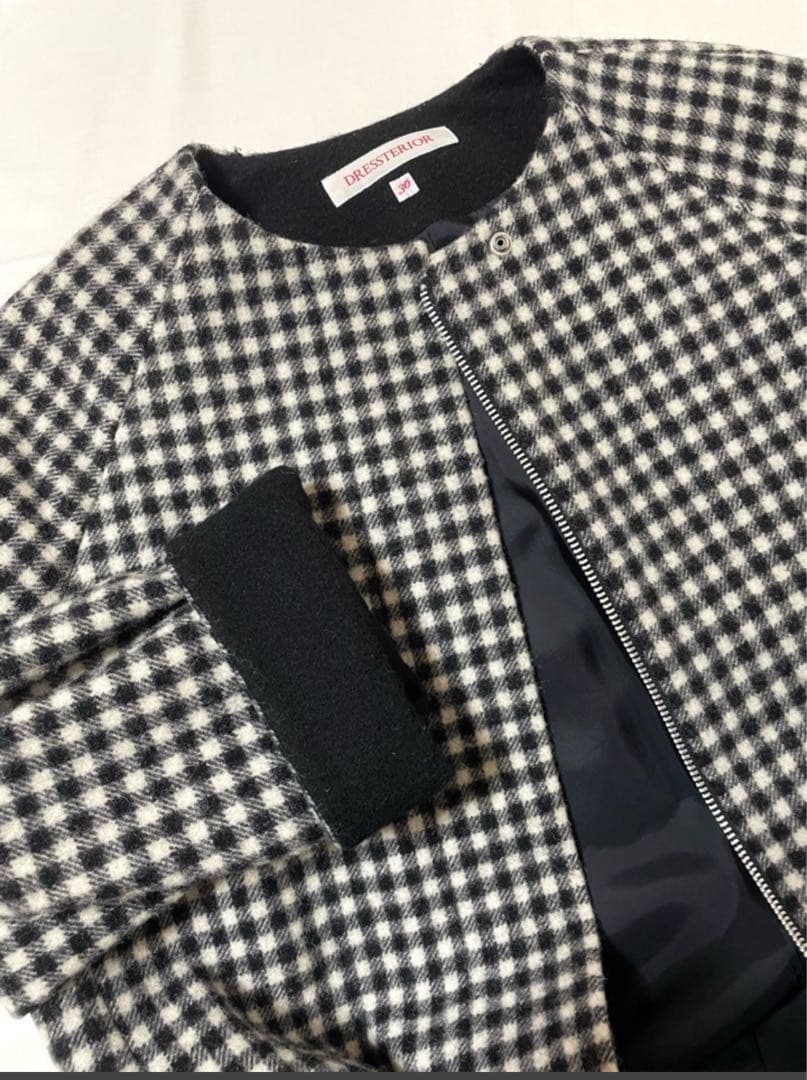 ドレステリアDRESSTERIOR チェックウールノーカラーコート◆ロング丈