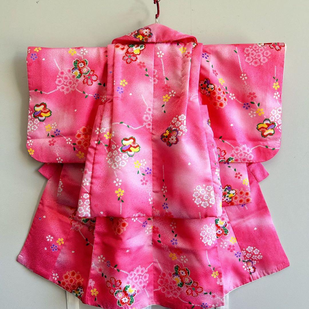 フルセット　七五三　3歳女の子　被布＆きもの＆長襦袢＆小物　ピンク　桜　梅