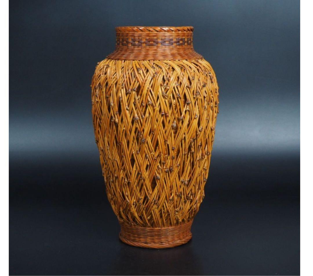 送料無料　中国古玩　竹細工　竹編花瓶