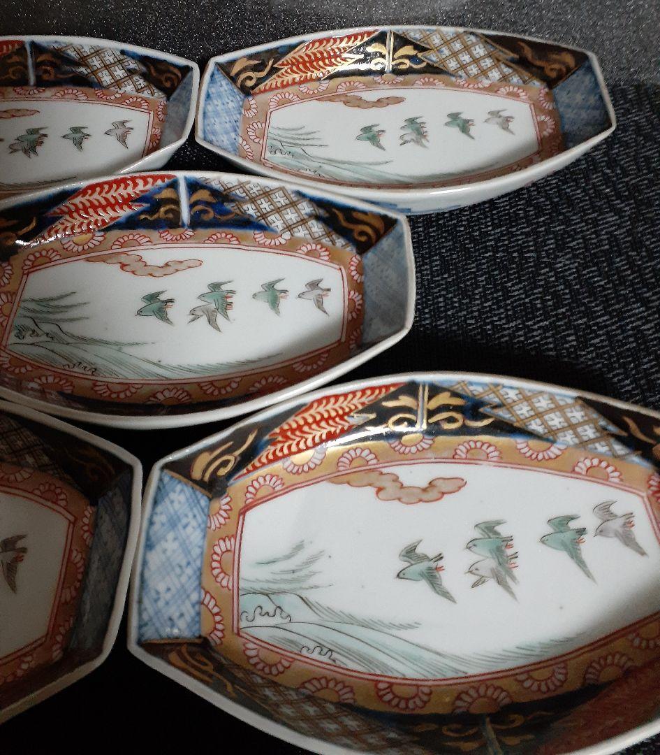 【専用ページ❗】ルマンドが好き様 江戸時代末期　古伊万里　錦手　波千鳥図皿　5客