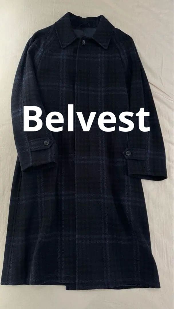 美品　Belvest ウール ステンカラーコート ダークブルー系チェック　46
