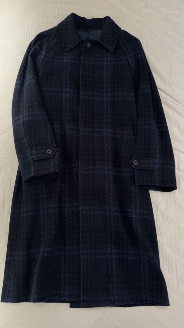 美品　Belvest ウール ステンカラーコート ダークブルー系チェック　46