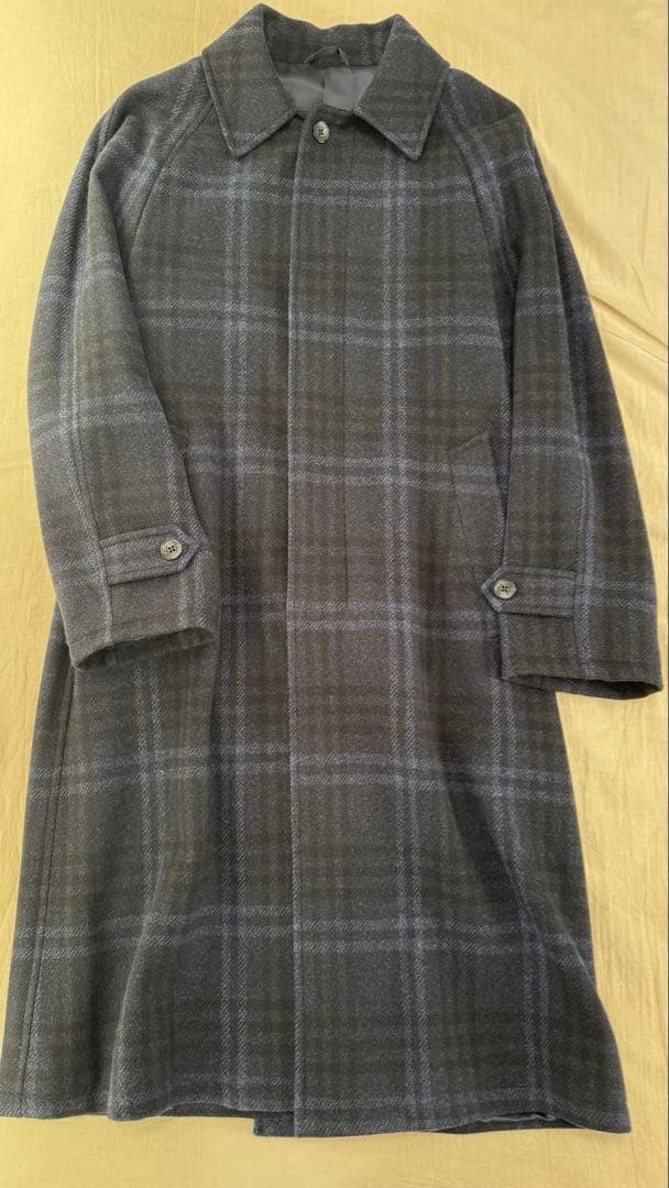 美品　Belvest ウール ステンカラーコート ダークブルー系チェック　46
