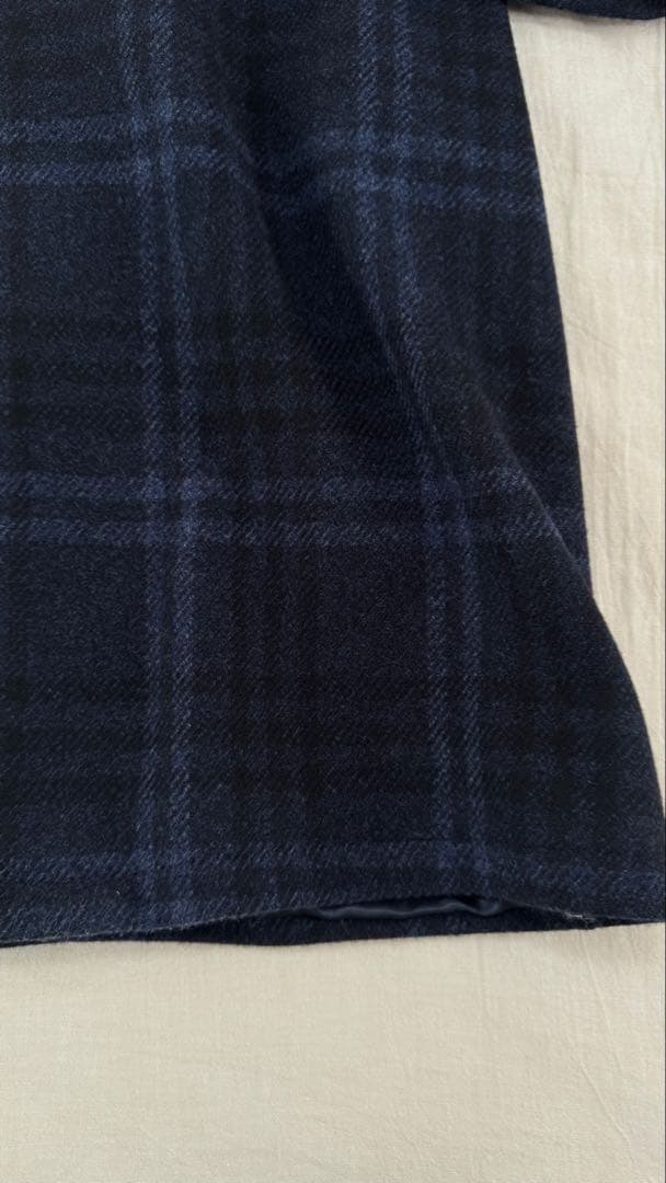 美品　Belvest ウール ステンカラーコート ダークブルー系チェック　46
