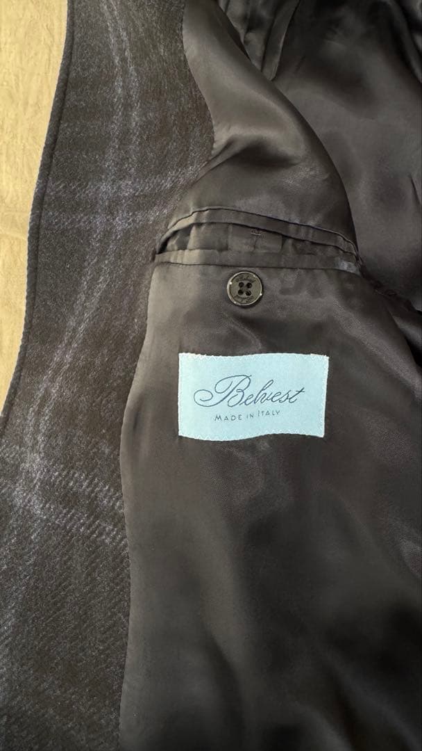 美品　Belvest ウール ステンカラーコート ダークブルー系チェック　46