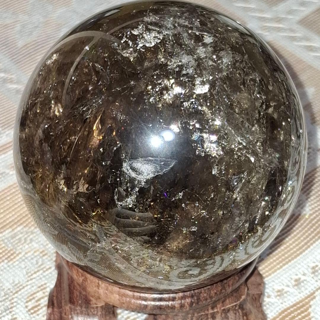 天然石✨️スモーキークォーツ　スフィア✨️爆虹キラキラ　台座付き