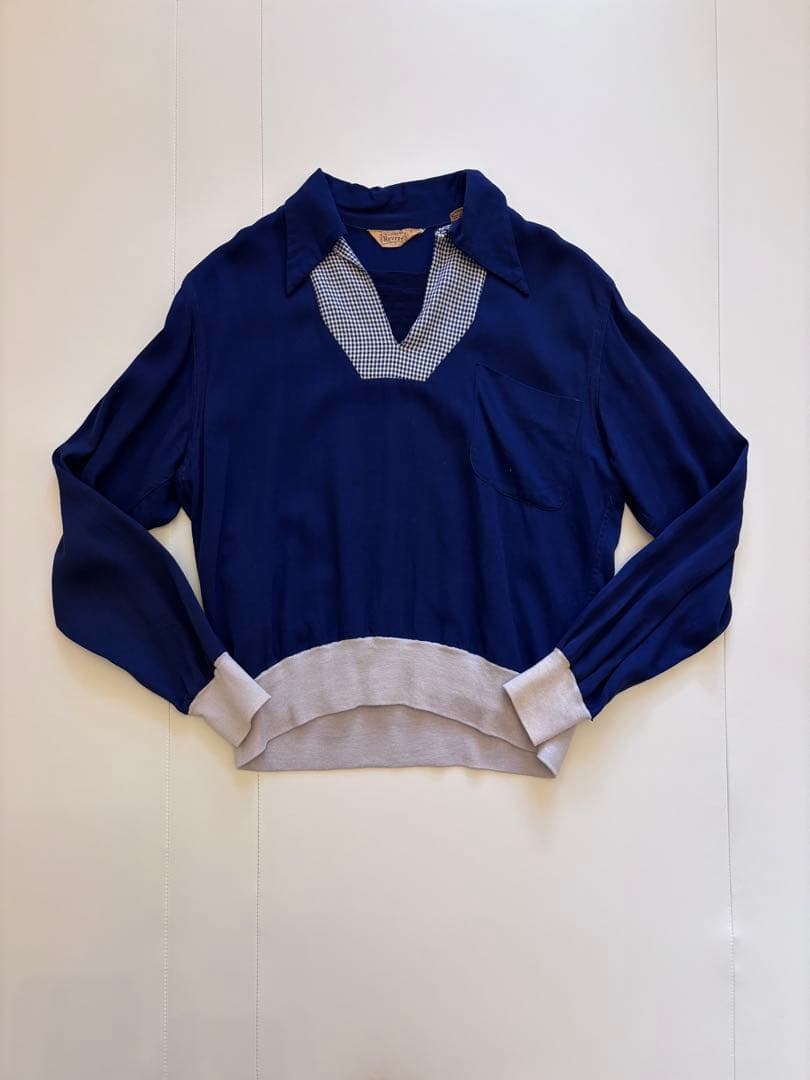 40s レーヨン プルオーバーシャツ ハウンドトゥース ヴィンテージ ネイビー