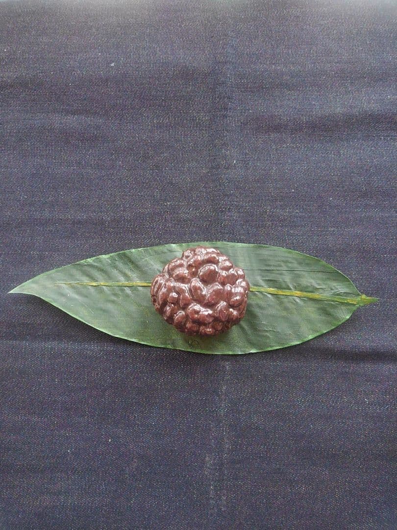 木彫りのおはぎと熊笹（実物大）