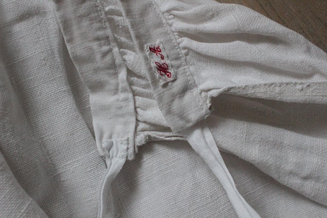 フランスアンティーク/タブリエ・ギャザーリネンエプロン/H・A